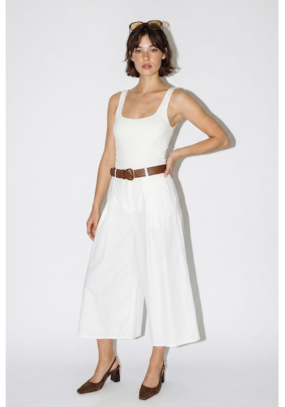 Kadın Yüksek Bel Pile Detaylı Geniş Paça Culotte Pantolon Dp261038 60286319 - Beyaz