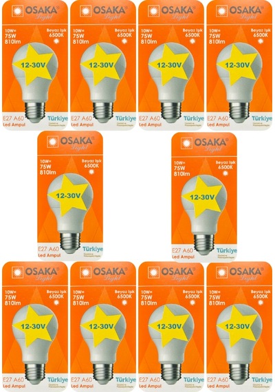 10 Adet Osaka 12volt 10w 75w Beyaz Işık 6500k E27 Duylu Kalın Duy Led Ampul