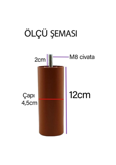 4 Adet Destek Ayağı 12 Cm Kahverengi Ve 4 Adet Düz Ayak Tabanı M8 Civatalı İnce Diş Mobilya Baza Seti