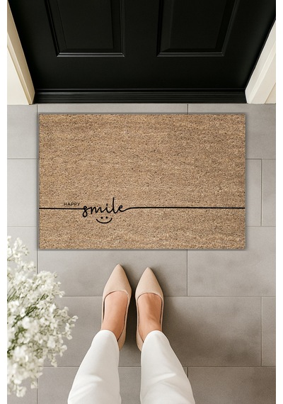 Rugmood Modern Dijital Baskı Paspas - Happy Smile Paspas - Kapı Önü Paspası 70x45cm Kahverengi