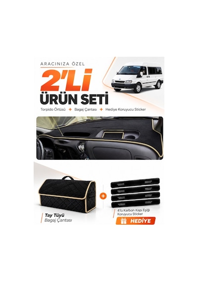 E-biz Ford Transit 2001-2006 Uyumlu Torpido Örtüsü + Tay Tüyü Bagaj Çantası - Siyah-bej - Fo028