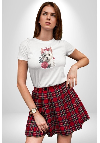 Beyaz Highland Teriyeri Kırmızı Gül Unisex Unisex Beyaz Organik Baskılı T-shirt Penye Yüksek Kalite Beyaz