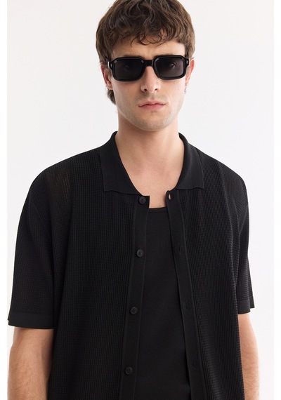Avva Erkek Siyah Polo Yaka Önden Düğmeli Regular Fit Triko T-shirt A61y5017