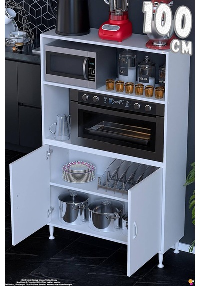 Duru 100 Cm İki Kapaklı Mutfak Kiler Dolabı Raflı Mikrodalga Fırın Standı Banyo Dolabı 100x150x32 Cm Beyaz