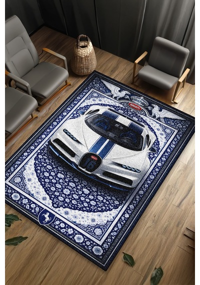 Bugatti Chiron Araba Desenli Halı Dijital Baskı Yıkanabilir Kaymaz Taban Leke Tutmaz