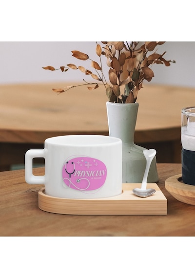 Bk Gift Kişiye Özel İsimli Doktor Tasarımlı-7, Ahşap Altlıklı Seramik Fincan, Meslek Hediyesi, Yeni İş Hediyesi Kobitmeyen137936 Bk Gift