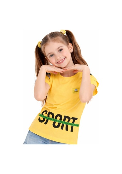İrem Çocuk Giyim Kız Çocuk Sport Yazı Desenli Omuz Detaylı Sarı Renk Tişört Sarı
