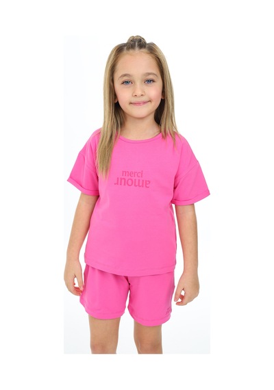 Toontoy Kids Toontoy Kız Çocuk Merci Aour Yazı Baskılı Şortlu Takım Açık Fuşya