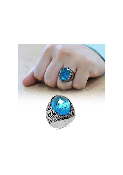 Faset Turkuaz Zirkon Taşlı "mühr-i Süleyman" İşlemeli 925 Ayar Gümüş Erkek Yüzük