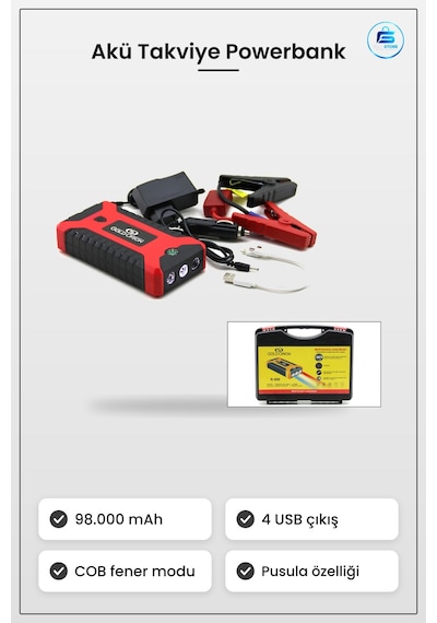 Araç Akü Takviye Powerbank Şarj Cihazı 4 Usb Fener Cob Pusula 98.