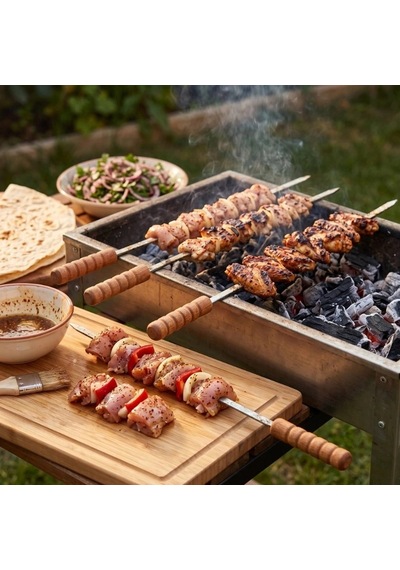 Özel Üretim Paslanmaz Izgara Mangal Kebap Kanat Ahşap Saplı Tavuk Şişi Dar Yassı Metal 50 Cm