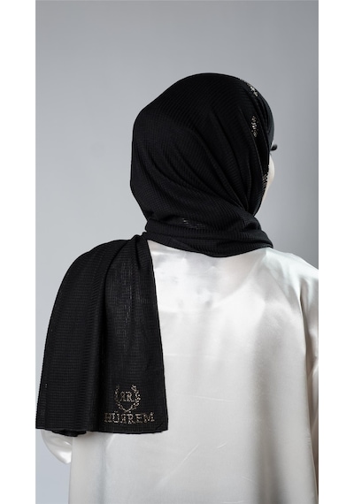 Hürrem Bone Siyah Pratik Hazır Geçmeli Tesettür Şal Örme Kumaş Taşlı Çiçek Desenli 2118c 01