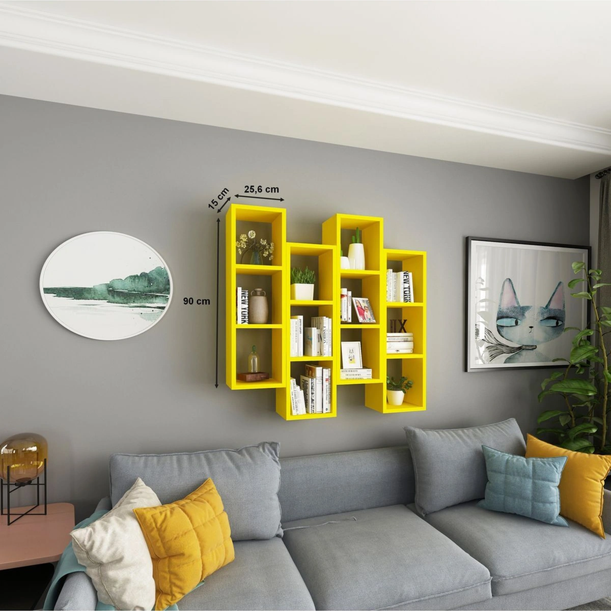 Kitaplık Mobilya Duvar Rafı Salon 4 Lü Takım Sarı Sarı