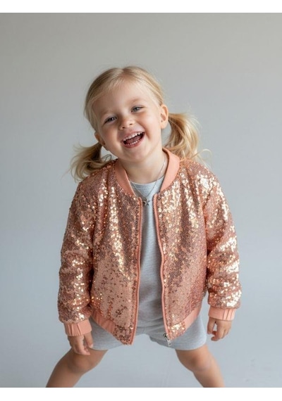 Zekids Kız Çocuk Payetli Fermuarlı Tasarım Ceket-16898 Pembe