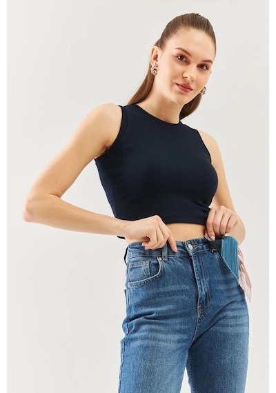 Butikgiz Kadın Sıfır Kol Bisiklet Yaka Vücuda Oturan %100 Pamuklu Kaşkorse Esnek Crop Bluz Lacivert