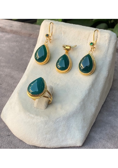 14 Ayar Altın Damla Model Yeşil Akik Set