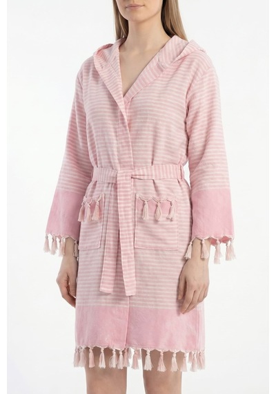 Kapşonlu Unisex Peştemal Plaj Bornozu %100 Pamuklu Seaside Stripe Pembe