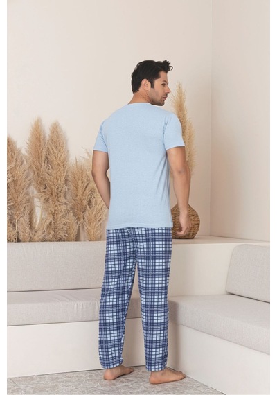 Sude Homewear Erkek Ekoseli Kısa Kol Pijama Takımı Mavi