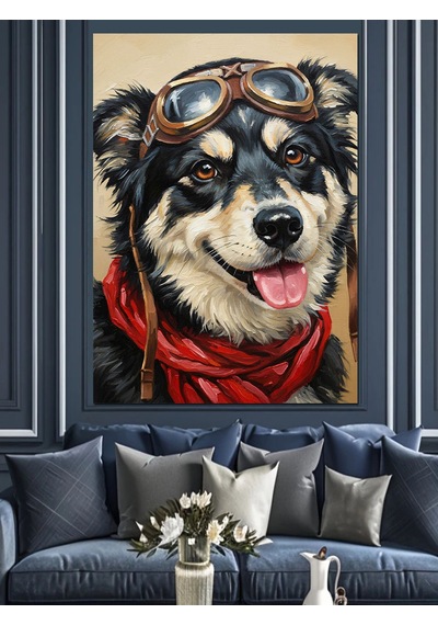 Ahşap Tablo Gözlüklü Havalı Köpek Pilot