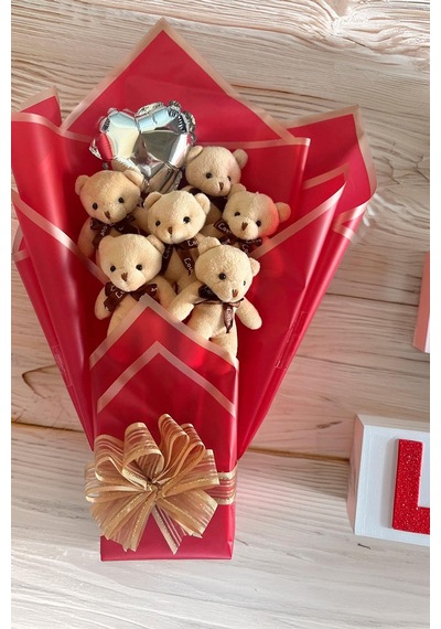 Premium 6 Li Bej Peluş Ayıcık Buketi Kalp Balonlu Arkadaşa, Eşe, Sevgiliye Hediye