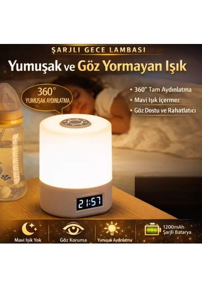 Baymusk Teknoloji Ayarlı Şarjlı Saatli Masa Lambası Gece Lambası Beyaz