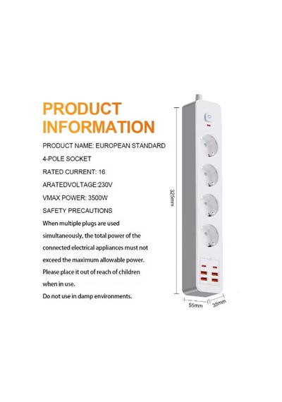 Termal Akım Korumalı 4 Lü Priz 4x Usb 2x Type-c Çıkışlı Grup Priz Çoğaltıcı 3500w 0