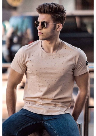Madmext Madmext Yırtık Detaylı Camel Tişört 2883-Camel