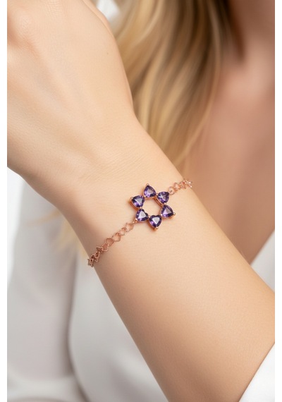 Aşkın Fısıltısı Kalp Ametist Taşlı Bileklik 925 Ayar Gümüş Kalp Zincir 20 Cm Sevgililer Günü Rose Gold