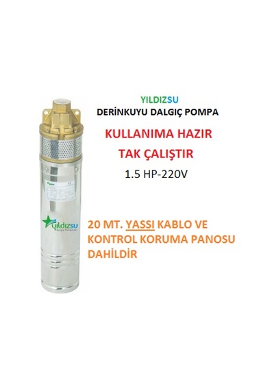 Dalgıç Derinkuyu Pompa - 4" Motor - 2 Kademe - Bakır Sargı - 1.5 Hp - 220V - 20 Mt Kablo - Pano - Prfr - Dik 99 Mt 3m3