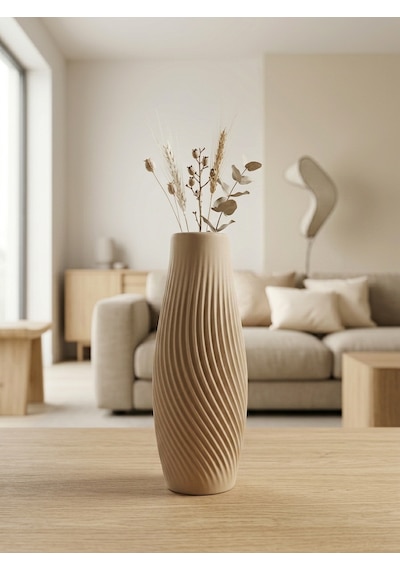 Kaveld Liora Dekoratif Vazo El Yapımı Minimalist Spiral Dokulu Modern Vazo Mermer Tozu Ve Çimento Kompozit Ev Dekoru Bej