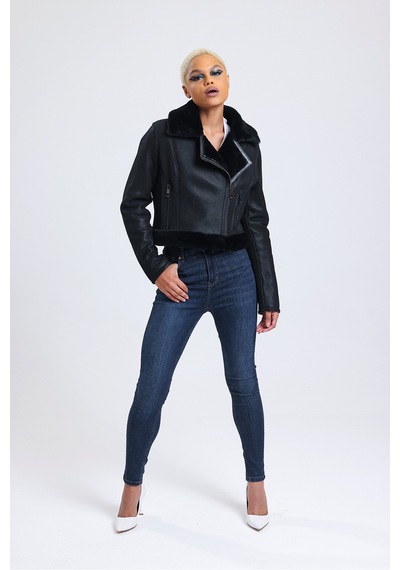 M M Marki Marki Hakiki Deri Crop Ceket, 54 Cm, Sportif & Outdoor Görünüm, Hakiki Kürklü - 112422 Siyah