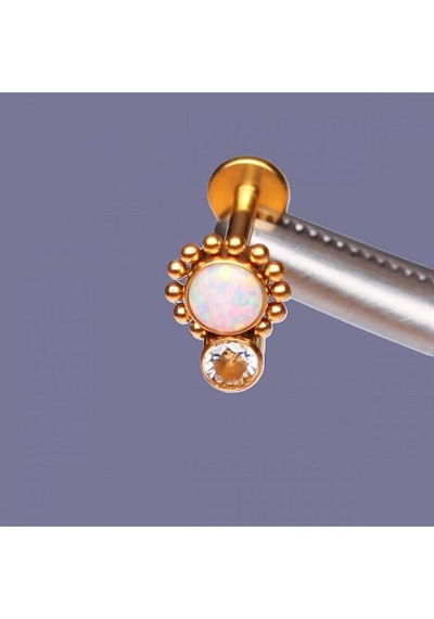 %100 G23 Titanyum Güneş Beyaz Opal Zirkon Altın Titanyum 6x1.2mm Labret Piercing Lila