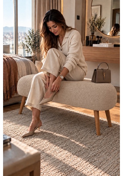 Lona Bukle Kumaş Modern Bench Puf Çok Amaçlı Yatak Ucu Ve Antre Bankı Krem