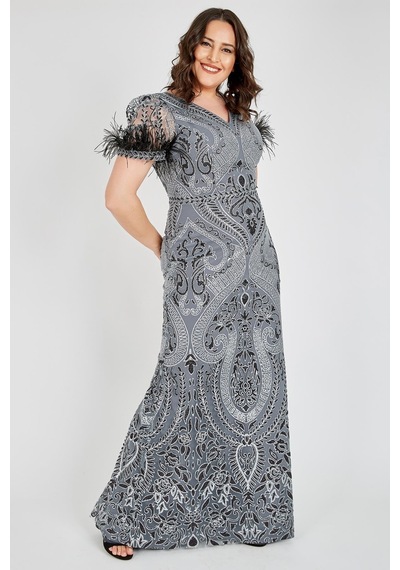 Ladies First Büyük Beden 3439 Gümüş Uzun Abiye Elbise 001