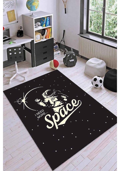Siyah Kaymaz Taban Uzay Tema Astronotlu Çocuk Halısı Ar1158n11