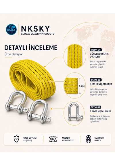 Nksky 3 Ton Araç Çekme Halatı 3 Metre 5 Cm Genişlik Güçlendirilmiş Uçlu Oto Çeki Halatı