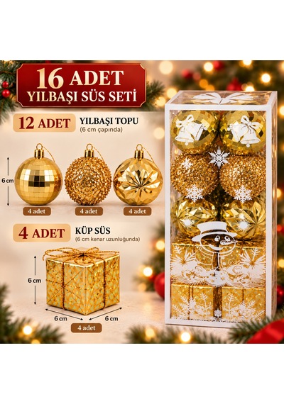Bakgelal 16 Parça Lüks Gold Yılbaşı Ağaç Süsü Seti - 12 Adet 6 Cm Parlak / Prizmatik Top Süs & 4 Adet 6 Cm Hediye Paketi Küp Süs - 9058202780405