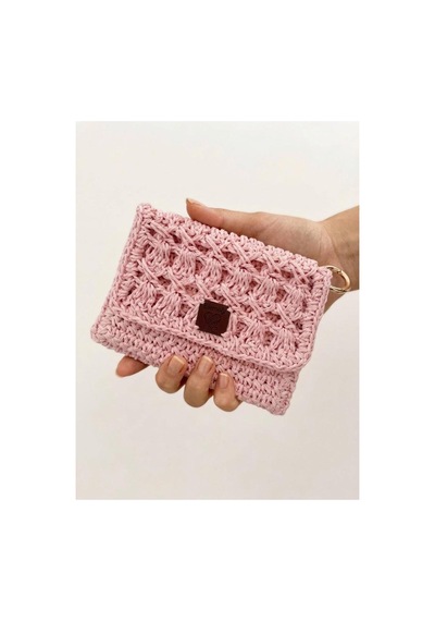 Myzumax El Örmesi Hasır Görünümlü Kağıt İp Kapaklı Mini Cüzdan Ve Kartlık Pembe