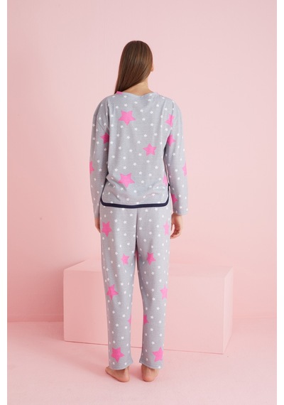 Siyah İnci Biyeli Örme Pijama Takım 7776 Gri Fuşya Yıldız
