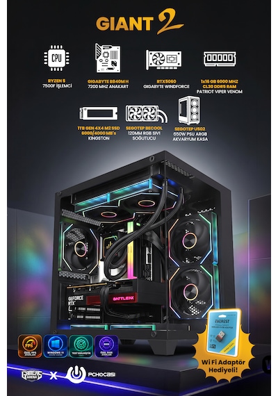 Giant V2 R5-7500F 16 GB 1 TB M2 SSD 8 GB RTX5060 Free Dos Masaüstü Oyuncu Bilgisayarı