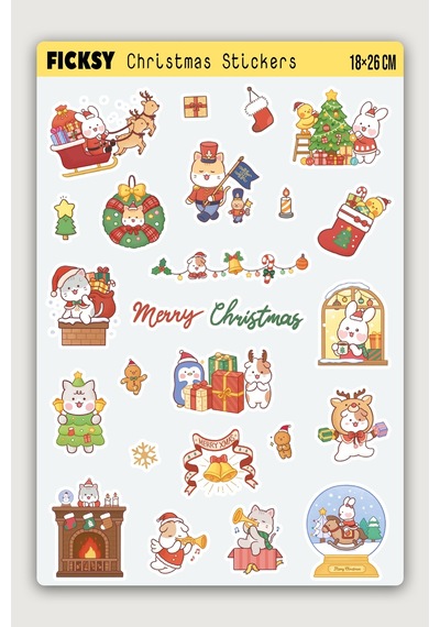 Kawaii Stili Sevimli Hayvanlar Yılbaşı Yeni Yıl Temalı Sticker Seti - 17 Adet Etiket Çıkartma Diğer