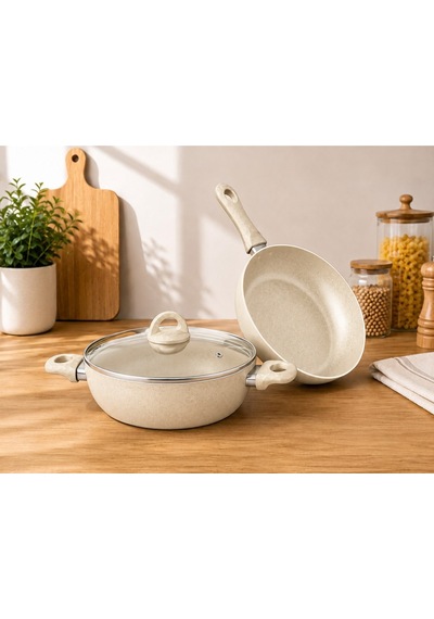 Çetcook Granit 2'lı Set 24 Cm Karnıyarık 24 Cm Tava Krem