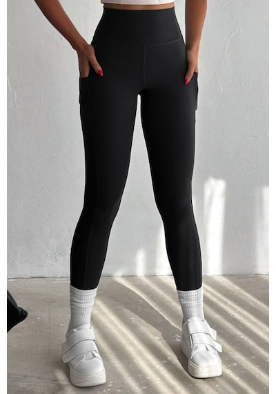 Balenbi Haute Kadın Yüksek Bel Toparlayıcı Çift Cepli Leggings Fitness Tayt 1092 Siyah