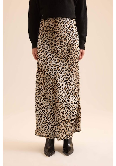 Defacto Straight Fit Normal Bel Leopar Desenli Saten Maxi Etek D6886axnser103 Ekru