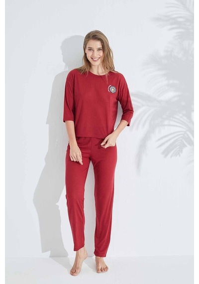 Siyah İnci Soft Touch Ince Örme Nakışlı Pijama Takım Bordo