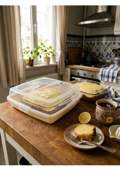 Kare Kek Ve Börek Saklama Kabı 30x30 Cm Tutacaklı Kilitli Kapaklı Pasta Poğaça Taşıma Kutusu Krem