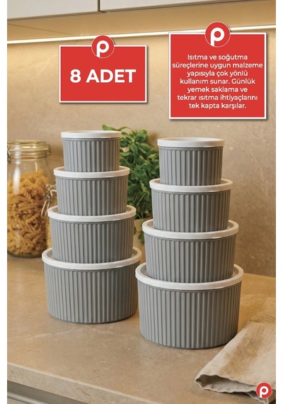 8'li Çizgili Yuvarlak Saklama Kabı Seti Bej 3l - 1.8l - 1l - 0.55l Mikrodalga & Dondurucu Uyumlu Gri