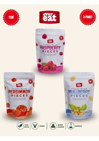 Evereat Frambuaz-cennet Hurması-dut Freeze Dry Meyve Cipsi 3'lü Paket Doğal Atıştırmalık 1 Adet