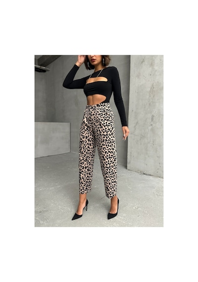 Verymoda Leopar Desenli Pantolon F1788 Taş Siyah