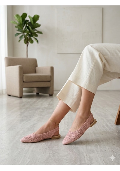 Ciel Noir Kadın Pudra Örgü Detaylı Arkası Açık Babet / Triko Slingback Yazlık Ayakkabı